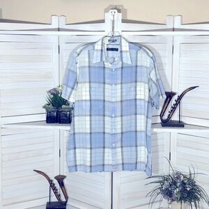 Vintage 90s Plaid Western Cowboy Shirt - Blue Cream Medium